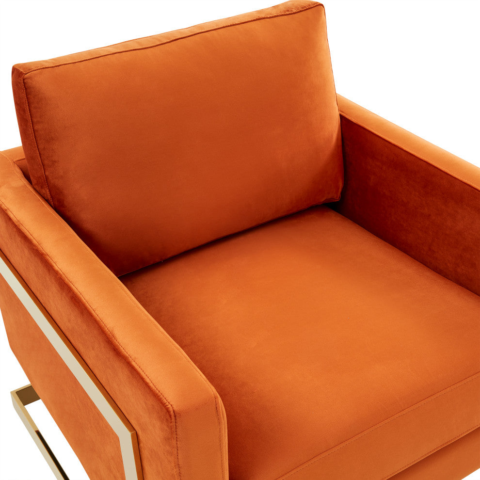 LeisureMod Lincoln Velvet Accent Armchair With Gold Frame, Orange Marmalade