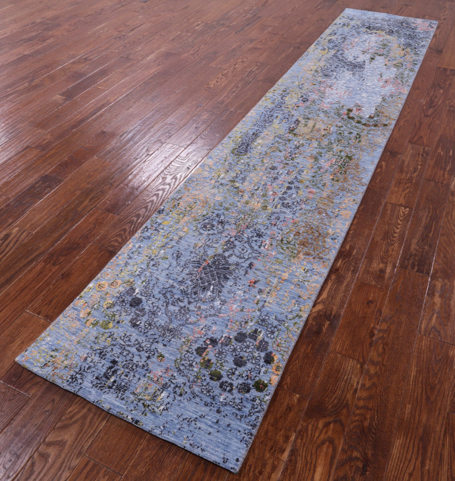 2' 7" X 12' 1" Runner Handmade Modern Wool and Silk Rug Q11836