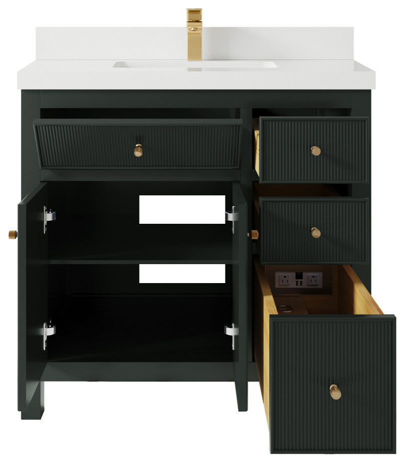 Sonoma 36 Center Sink Reeded Bath Vanity in Dark Forest Green 2" White Quartz