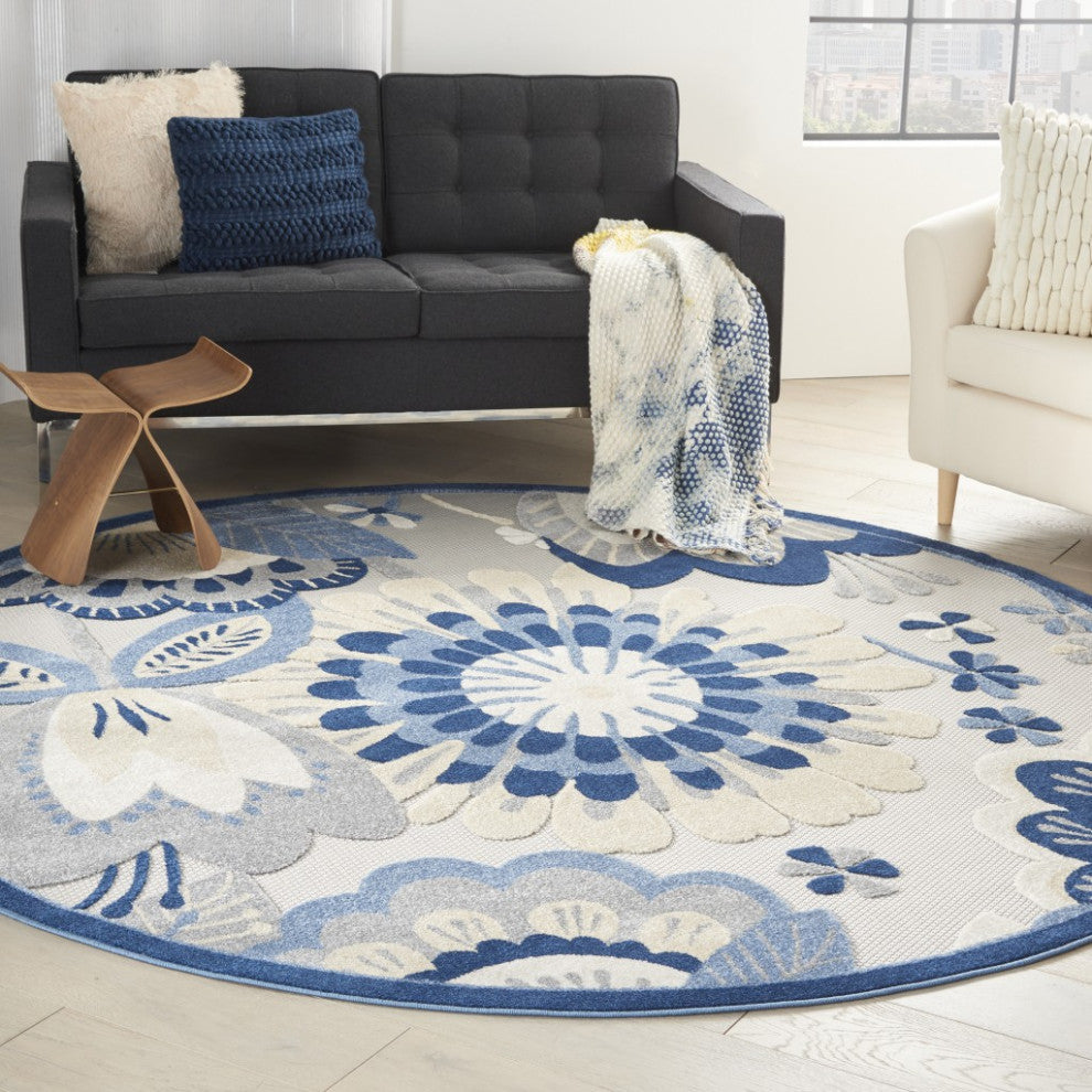 8 Round Blue and Gray Indoor Outdoor Area Rug