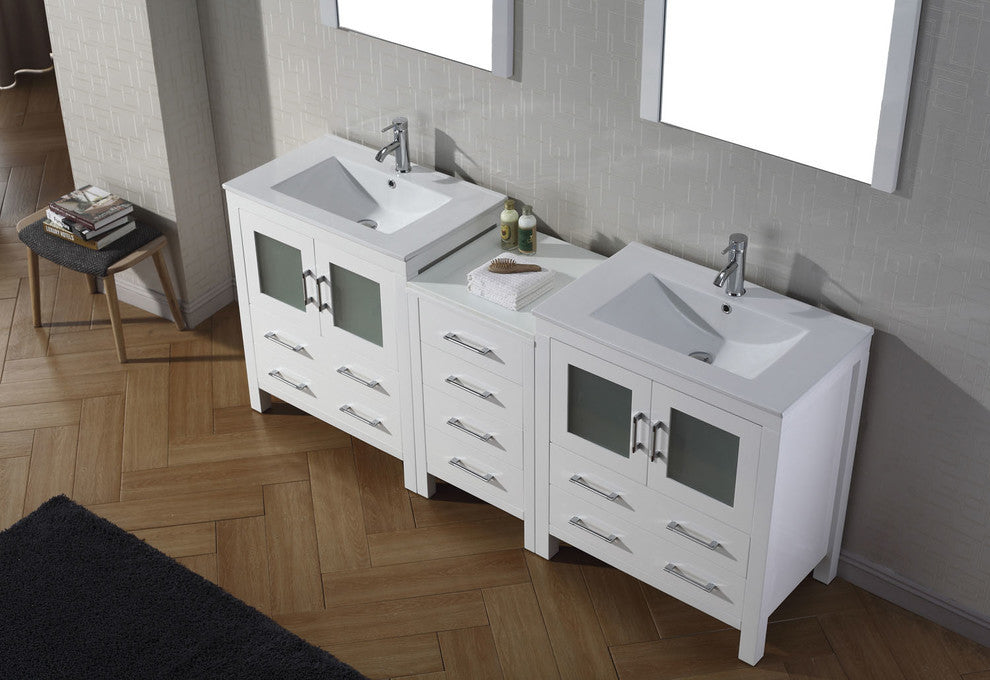 Virtu Dior 78" Double Bathroom Vanity, White, Polished Chrome Faucet, Mirrors