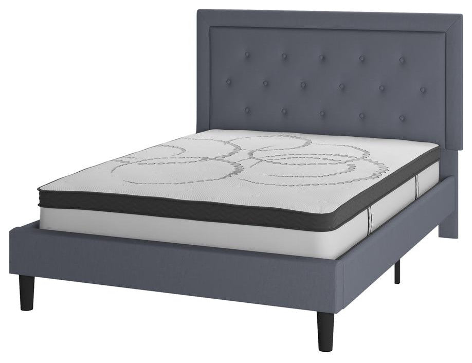 Roxbury Tufted Upholstered Platform Bed -10 Inch Foam & Pocket Spring Mattress, Light Gray, Queen
