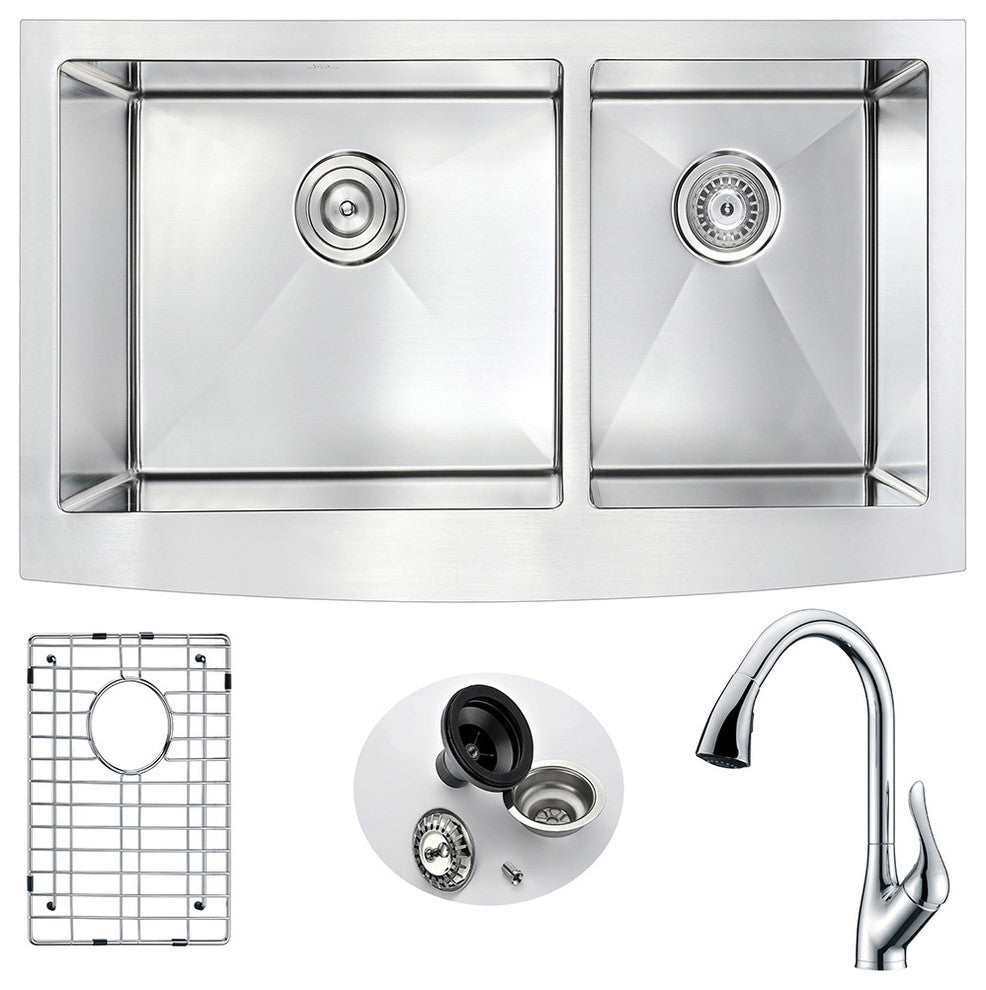 Elysian Farmhouse 36" Double Bowl Sink, Accent Faucet, Polished Chrome
