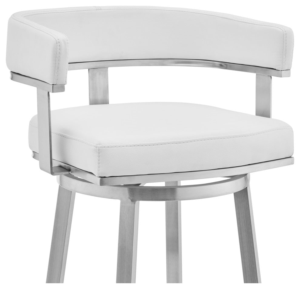 Cohen Swivel Bar Stool, Faux Leather, Brushed Stainless Steel and White, 26"