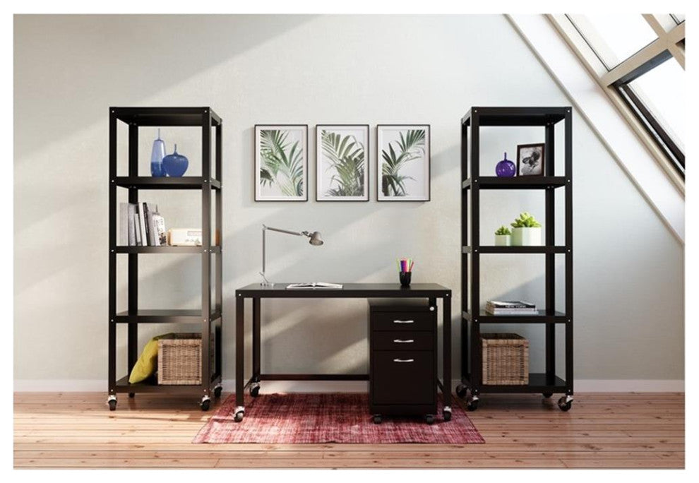 Pemberly Row 5-Shelf Steel Metal High Mobile Bookcase in Black