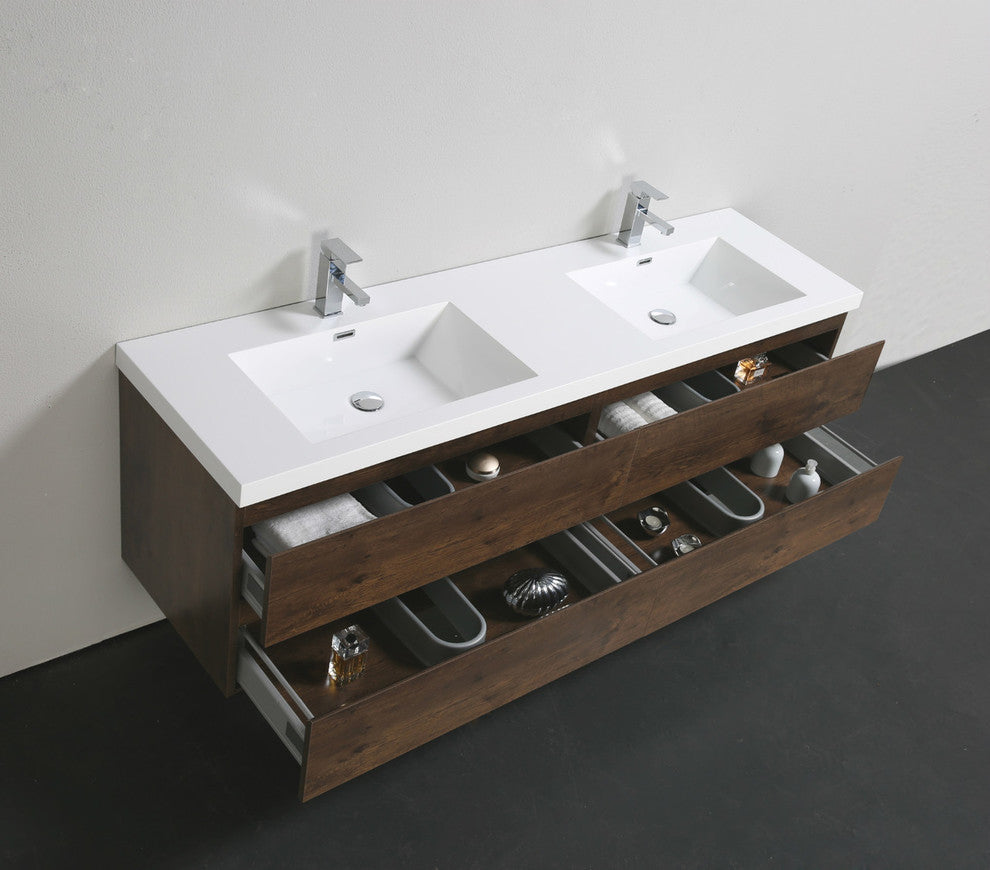 MOB 72" Double Sink Wall Mounted Vanity With Acrylic Sink, Rosewood