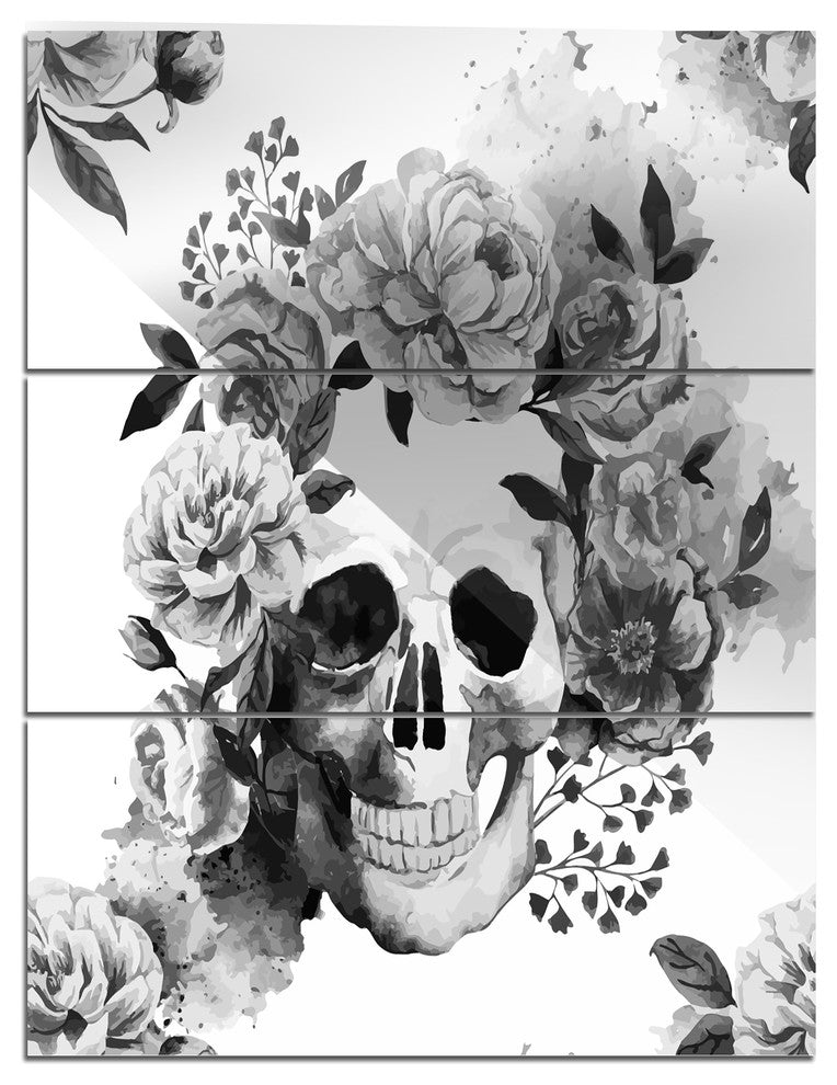 "Peony Watercolor Skull" Digital Glossy Metal Wall Art, 3 Panels, 28"x36"