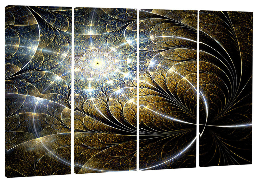 "Symmetrical Dark Golden Fractal Flower" Abstract Wall Art, 4 Panels, 48"x28"