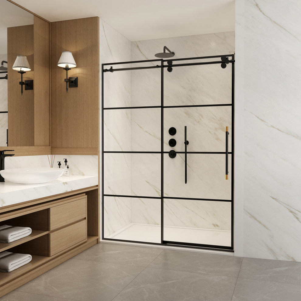 Losar Single Sliding Framed Shower Door, Matte Black, 56" W X 78"h