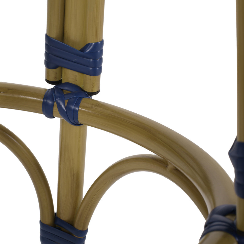 Dohney Outdoor French Aluminum 29.5" Barstools, Set of 2, Navy Blue/White/Bamboo Finish