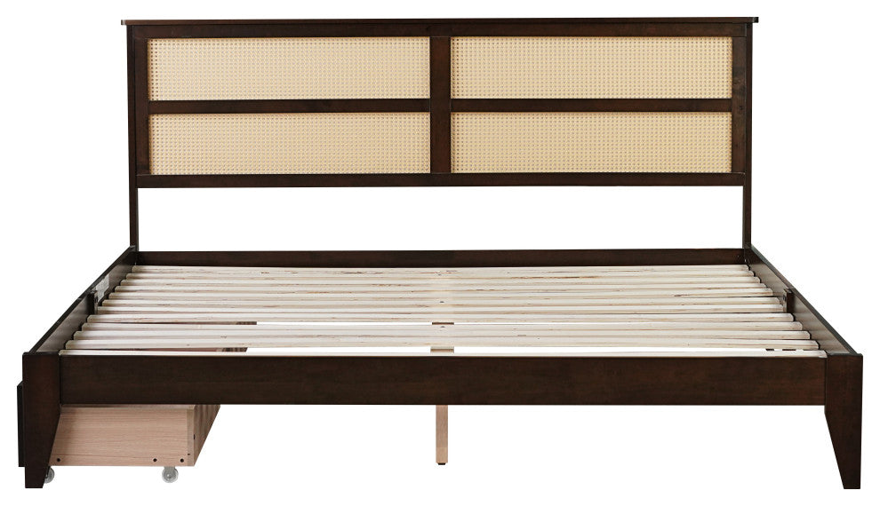 GDF Studio King Size Platform Bed, Rattan Headboard & Storage Drawers, Espresso