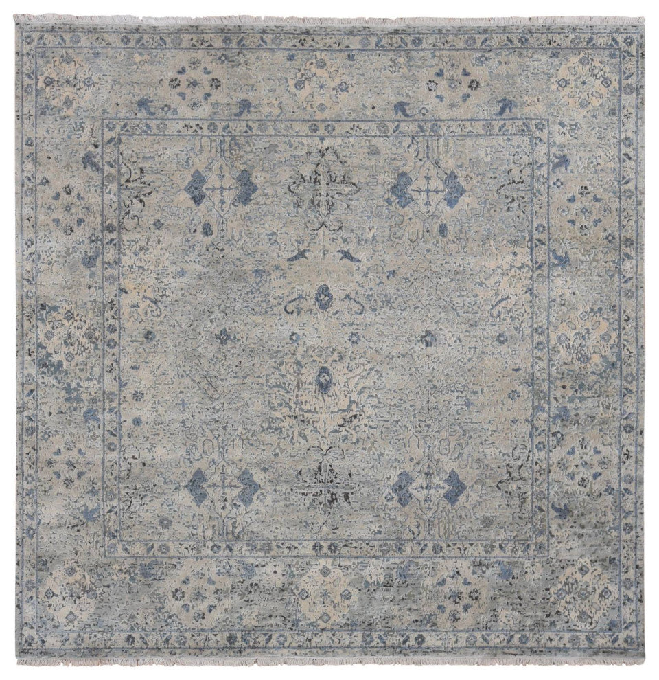 Blue, Hand Knotted, Oushak Design, Pure Silk With Wool Square Rug, 10'2"x10'2"