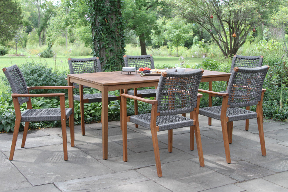 7-Piece Eucalyptus Dining Set With Stacking Rope Dining Chairs