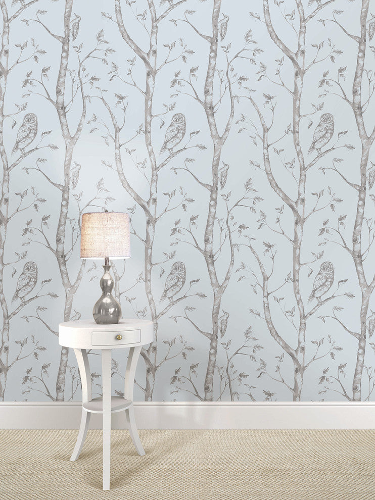 Trees and Birds Peel and Stick Wallpaper, Blue, 4 Rolls