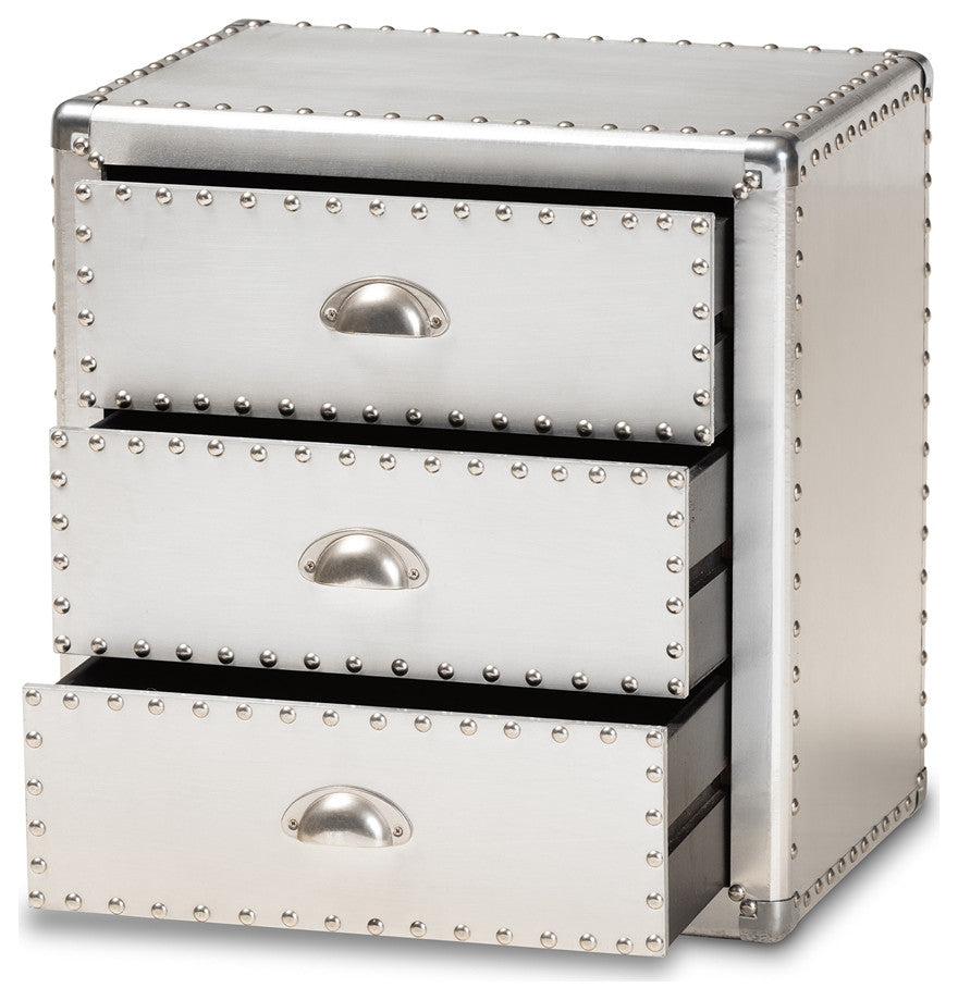 French Industrial Silver Metal 3-Drawer Nightstand