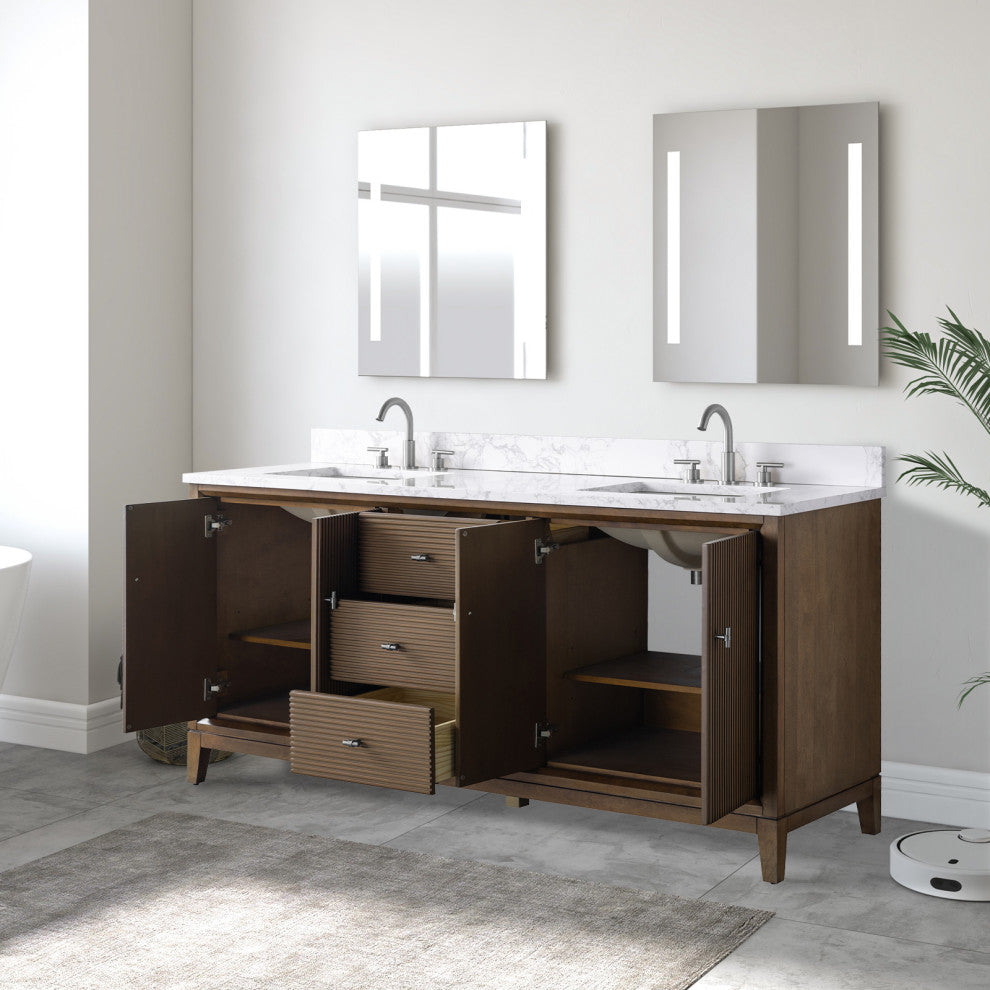 Vanity Art Bathroom Vanity with Engineered Marble Top and Sink, Walnut, 72" (Double Sink), Brushed Nickel