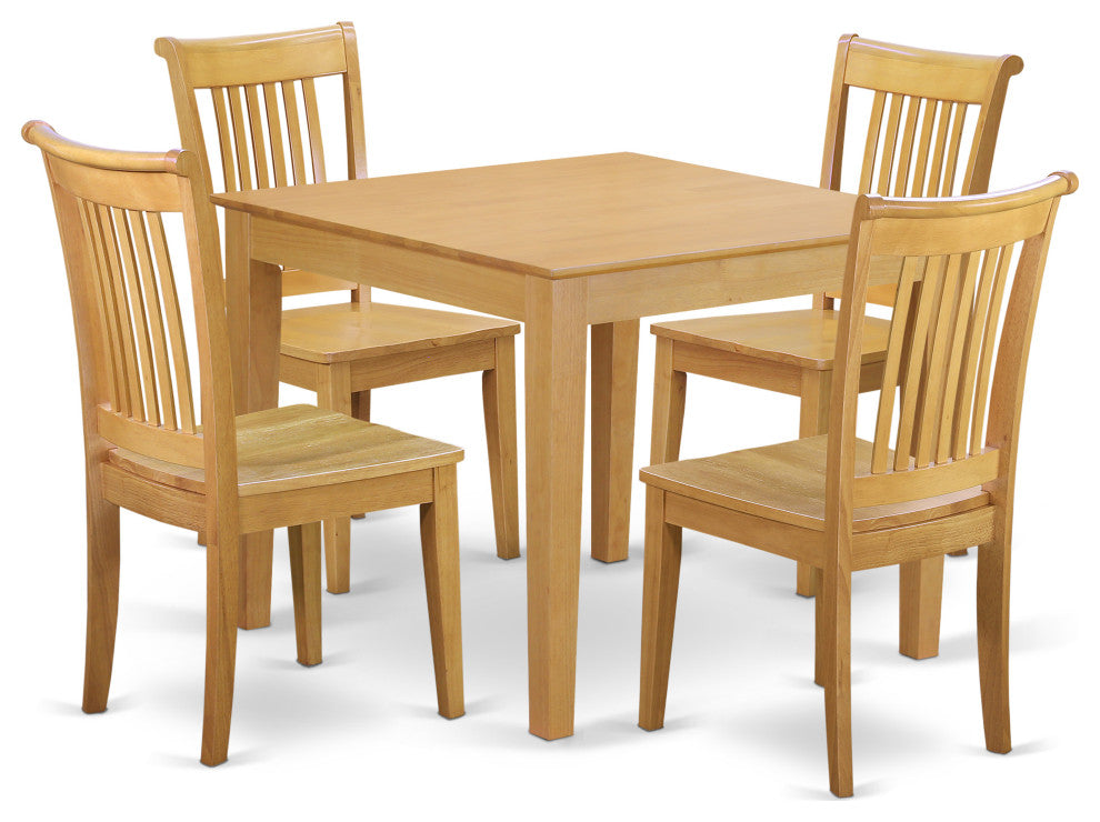 5-Piece Dinette Table Set - Table And 4 Wood Seat Dining Chairs In Oak Finish