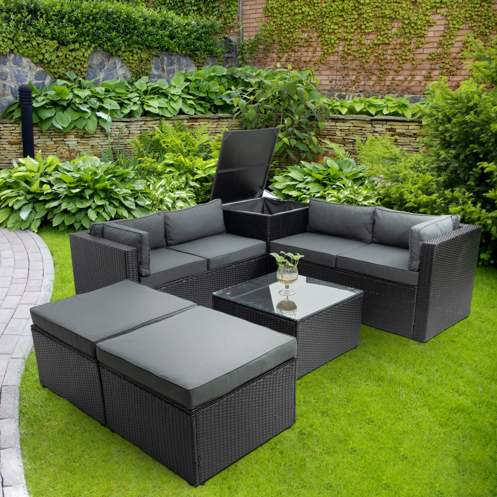 6-Pieces Outdoor Rattan Reversible Patio Sectional With Storage With Cushions