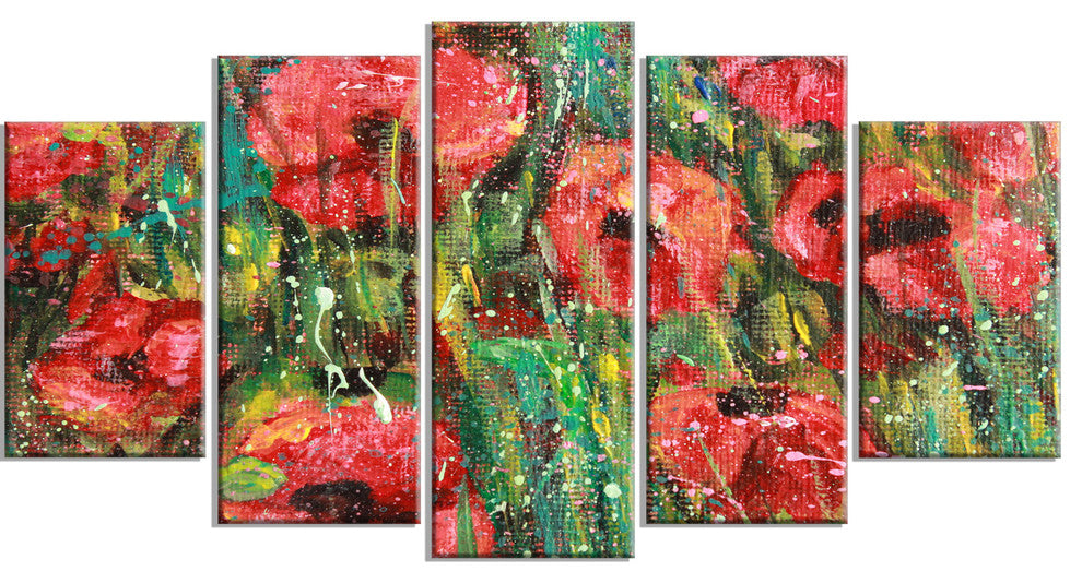 Red Poppies Watercolor Drawing, Red, Floral Wall Art, 60"x32", 5 Panels