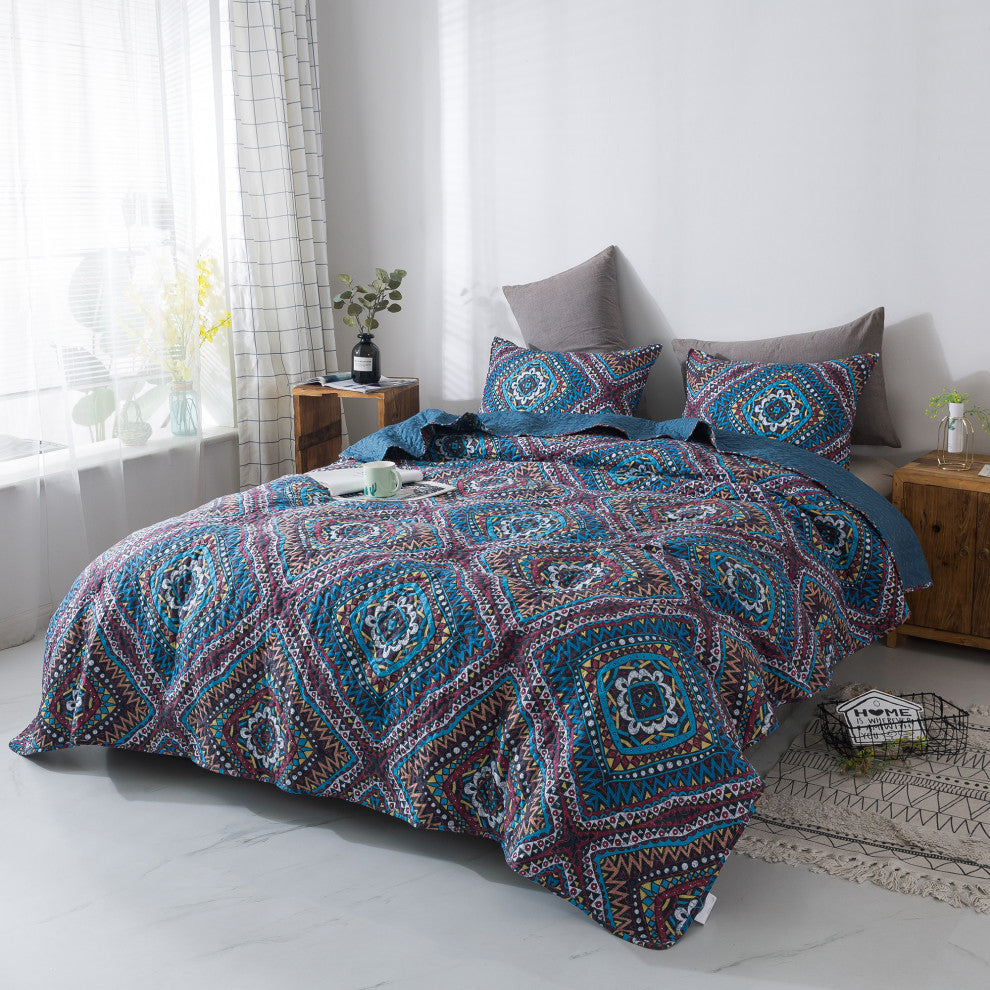 Bohemian Native Rustic Navy Blue Geometric Diamond Bedspread Set, Twin