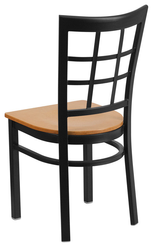HERCULES Series Black Window Back Metal Restaurant Chair, Natural Wood Seat