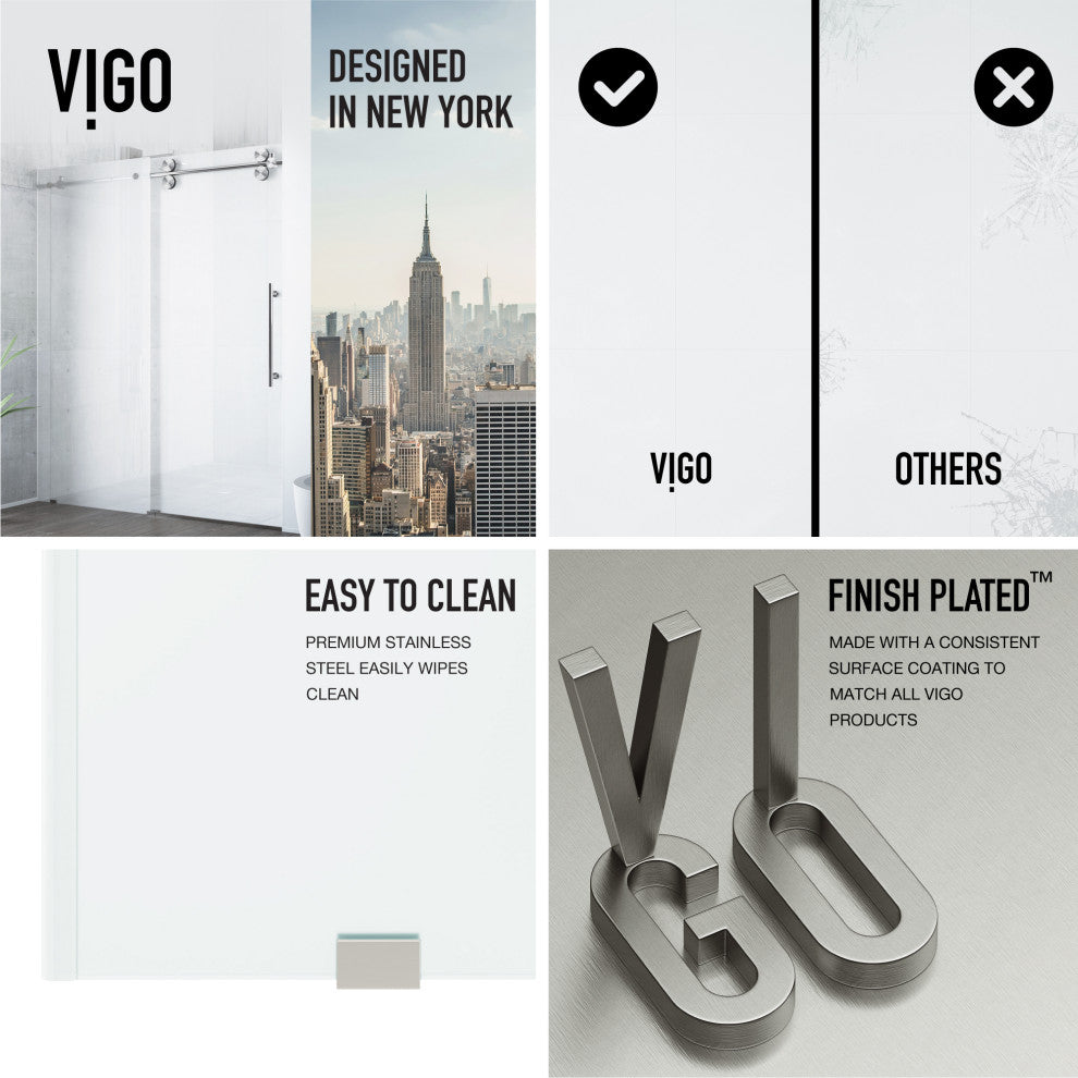 VIGO Elan 56" to 60" W x 74" H Frameless Sliding Shower Door, Stainless Steel, Right, Frosted Glass
