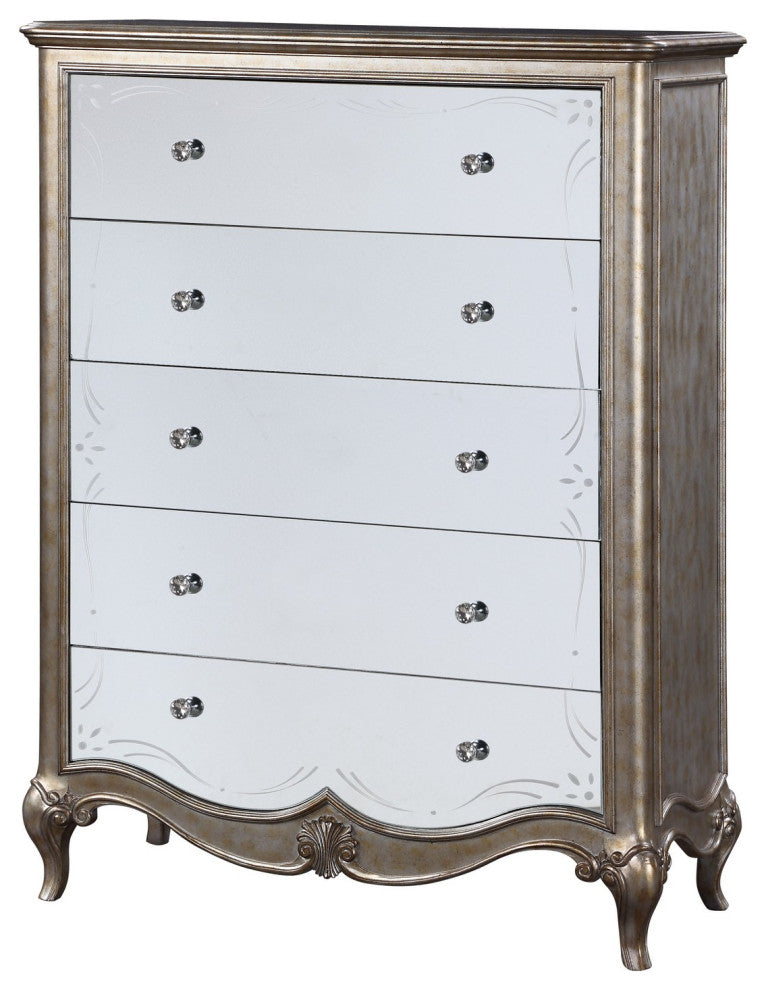 Benzara BM251275 Chest With Mirror Front and Molded Trim, Antique Silver