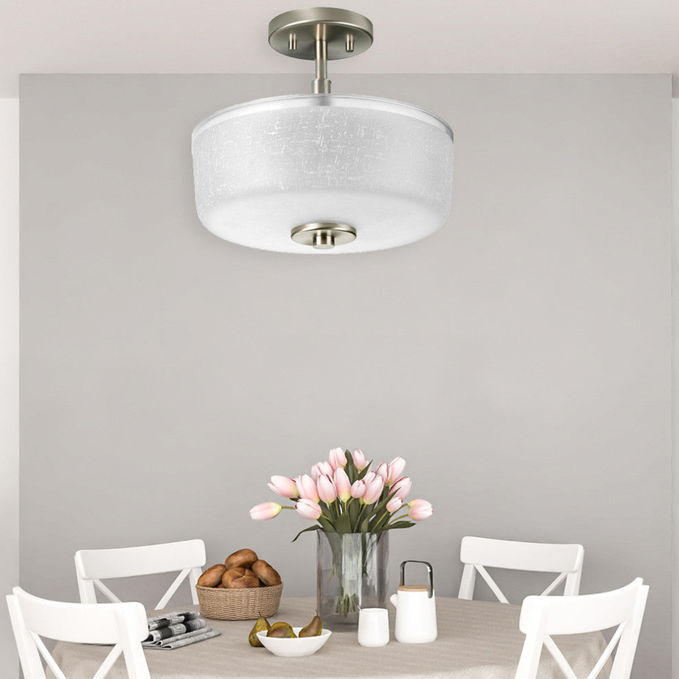 Brushed Satin Nickel Semi Flush Mount Light With Textured Glass