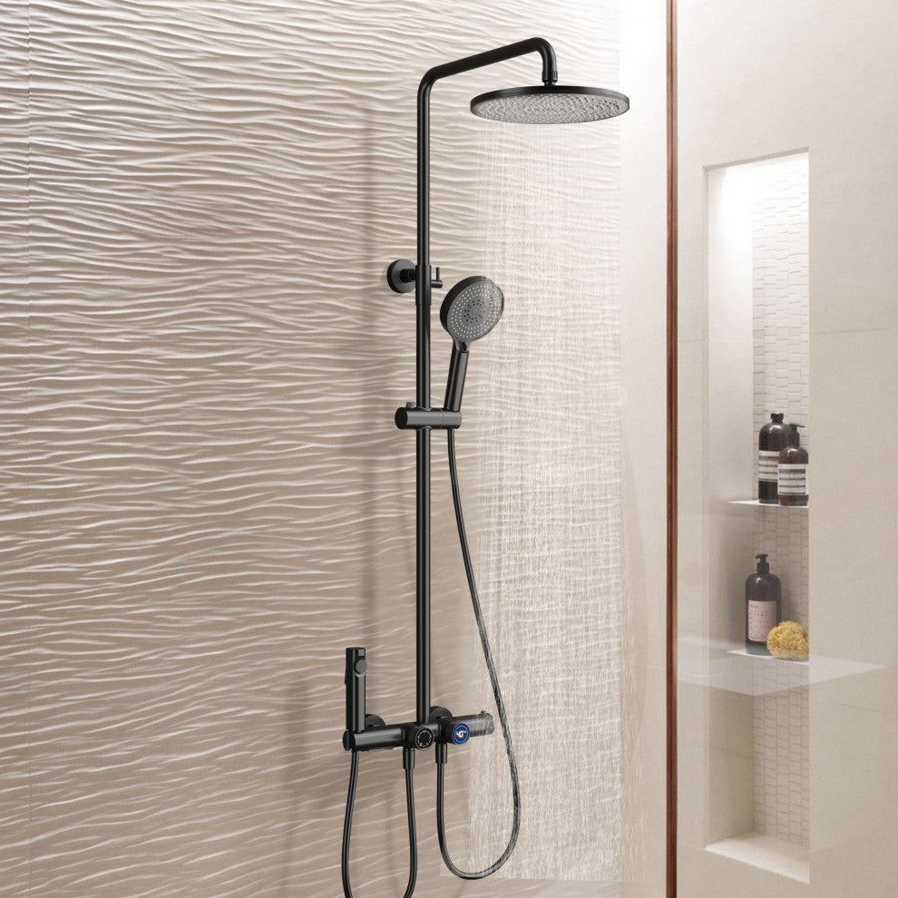 Exposed 4-Function Thermostatic Shower System with Spray Gun and Tub Spout, Matte Black