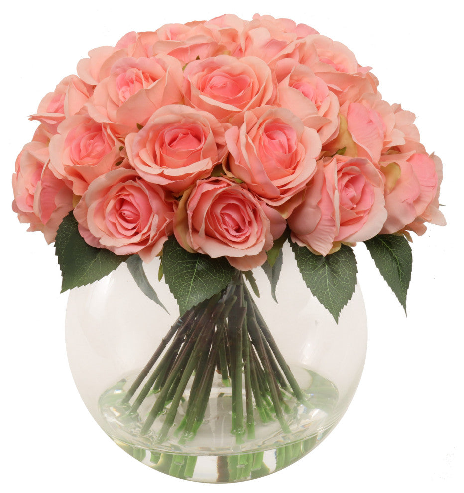36 Pink Artificial Roses in Glass Vase - Elegant Home Decor