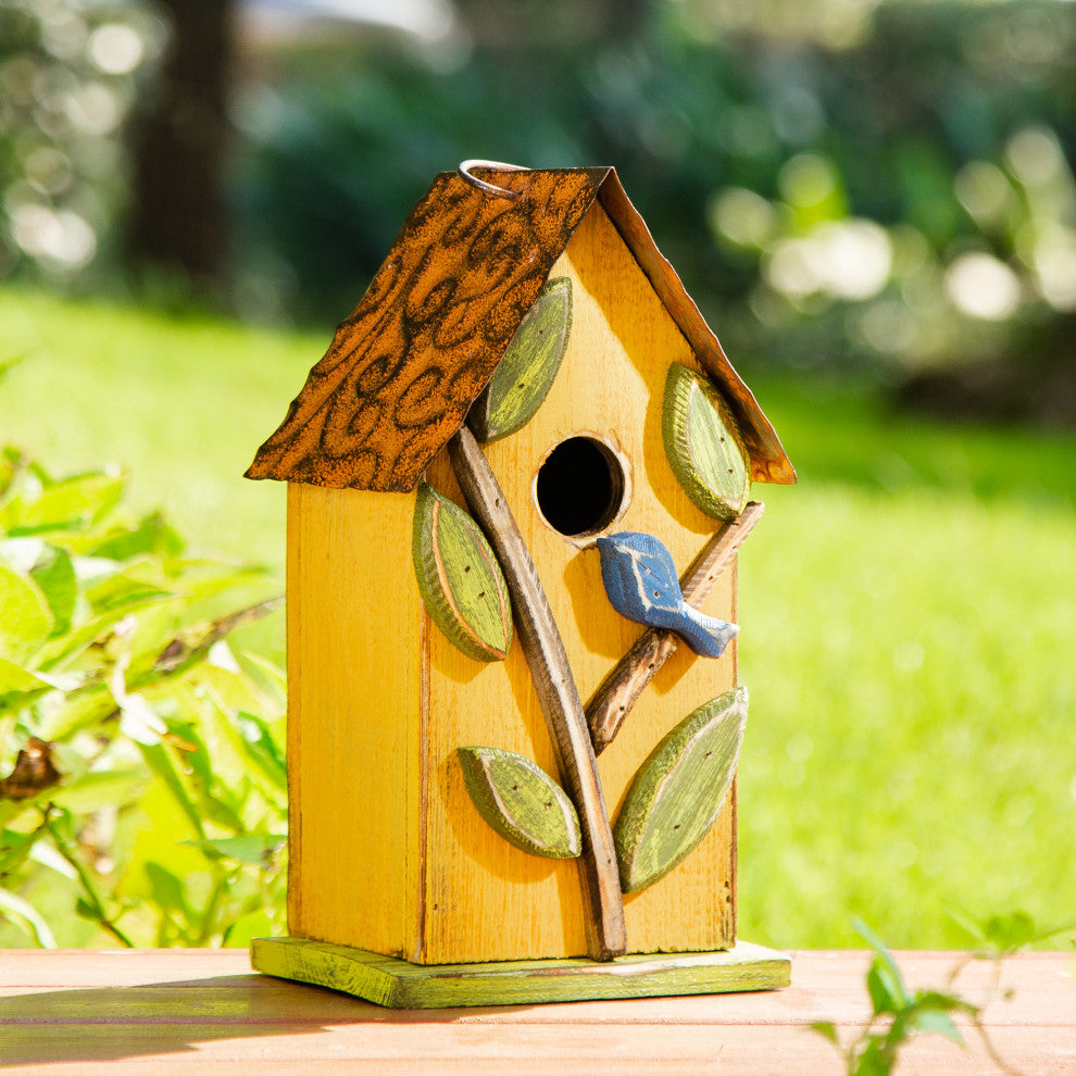 9.75"H Washed Yellow Distressed Solid Wood Birdhouse With 3D Tree and Bird