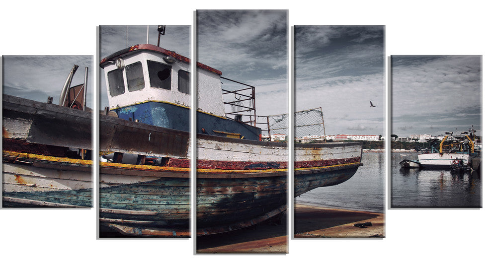 Old Fishing Boat, Boat Canvas Art Print, 60"x32", 5 Panels