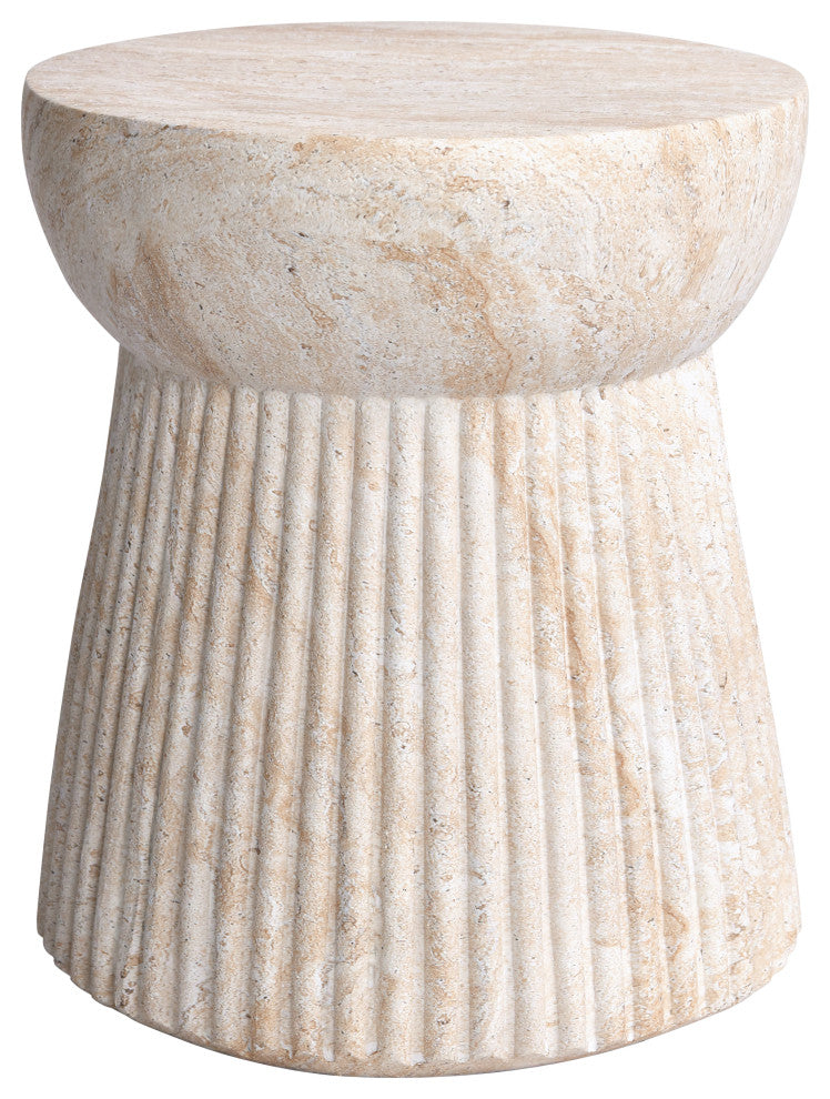 Fluted Travertine Stone Finish Italian Design MgO Side Accent Table