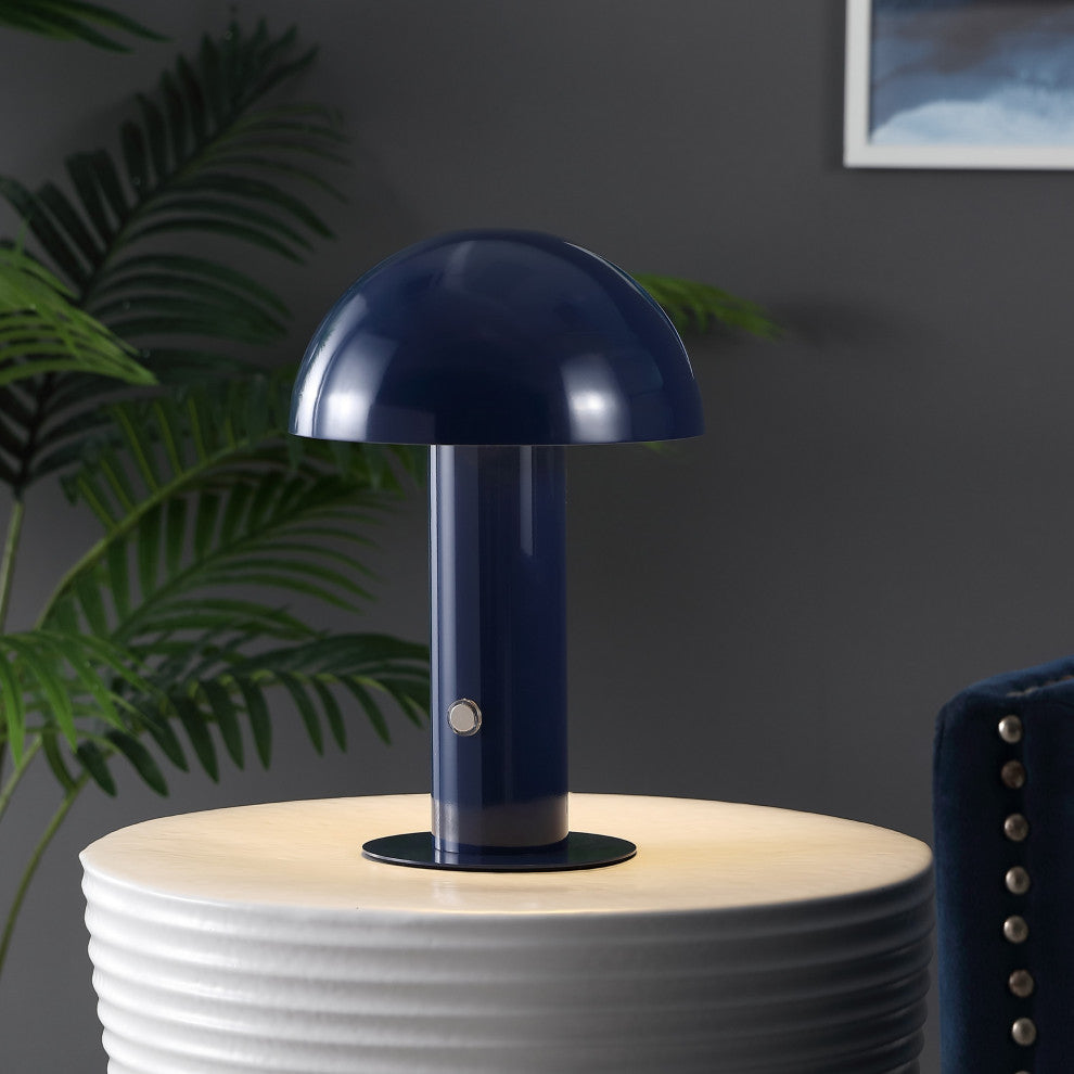 Boletus 10.75" Rechargeable/Cordless Iron LED Mushroom Table Lamp, Navy