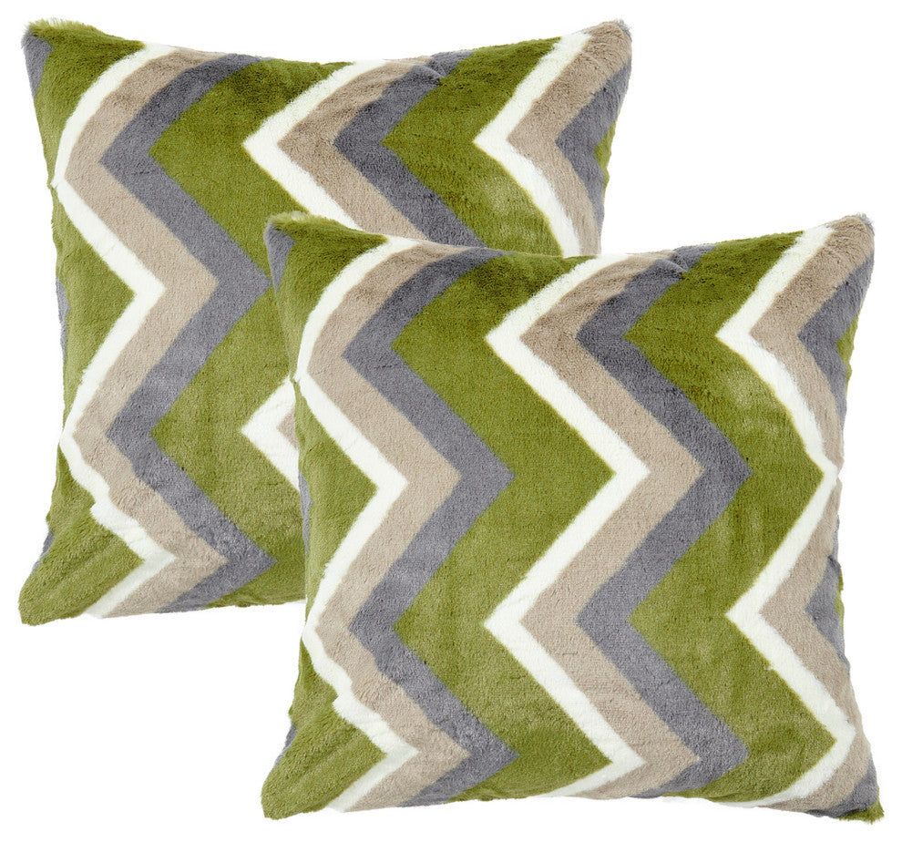 Chevron Faux Fur Pillow Shells, Set of 2, Taupe Green, 20"x20"