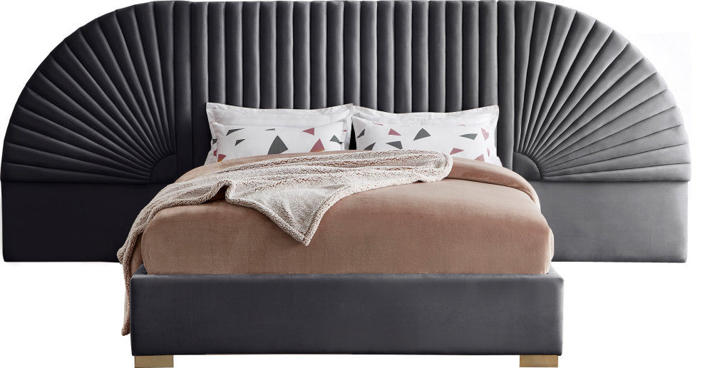 Cleo Velvet Upholstered Bed With Custom Gold Steel Legs, Gray, Queen