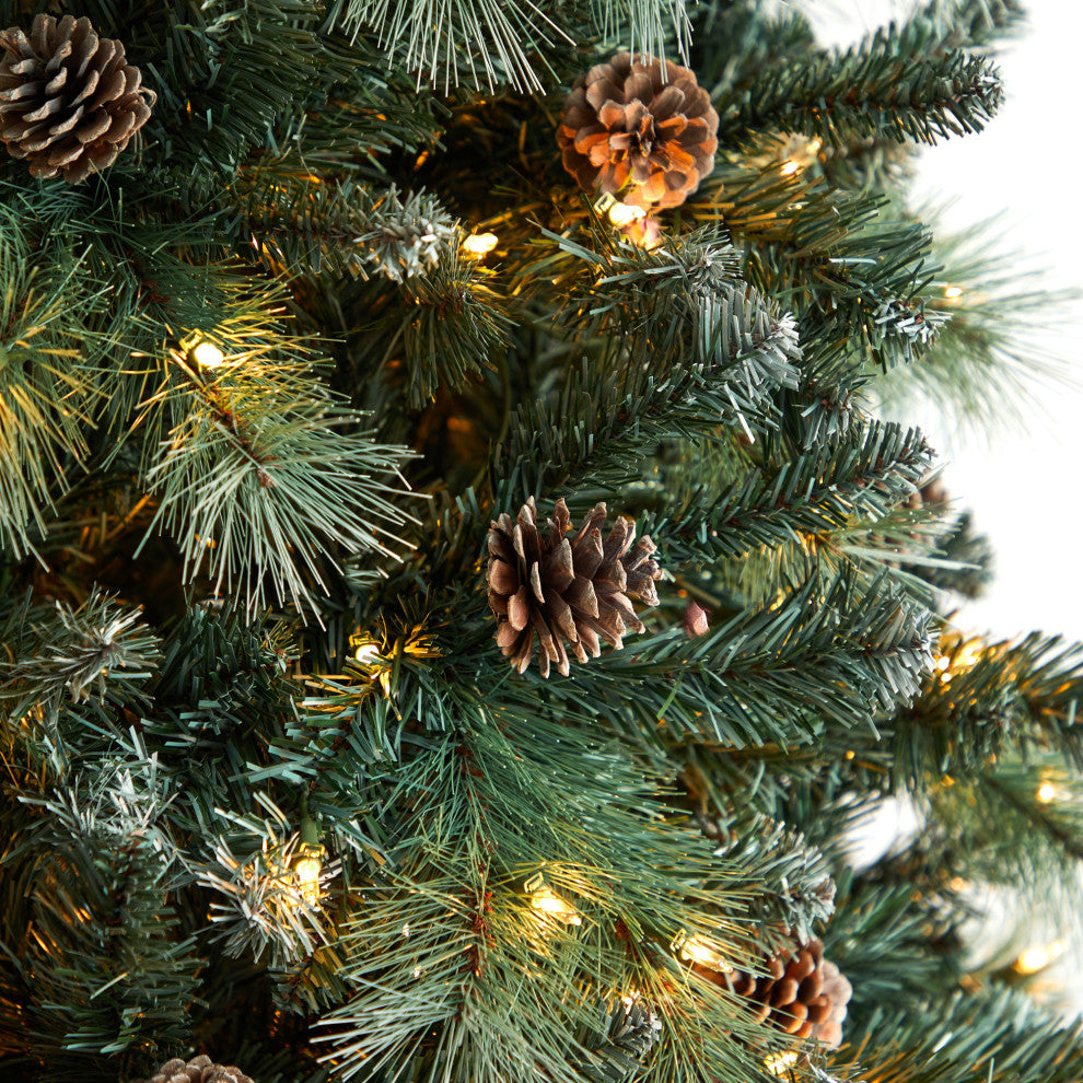 9' Frosted Tip British Columbia Mountain Pine Faux Xmas Tree W/Lights & Pinecone
