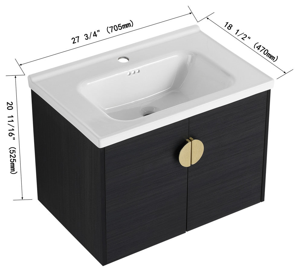 28" Plywood Wall Mounted Bath Vanity Set, Black, Ceramic Basin