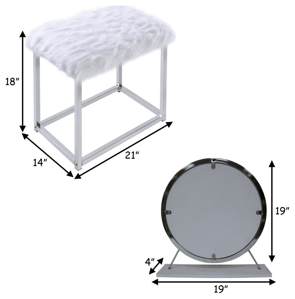 Benzara BM278981 Rose Round Vanity Mirror With Stool, Faux Fur Seat, Gray, White