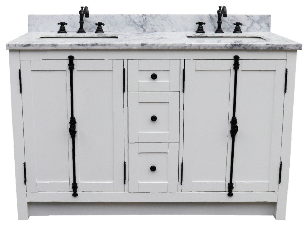 55" Double Vanity Glacier Ash With White Carrara Marble, Mirrors, Rectangle Sink