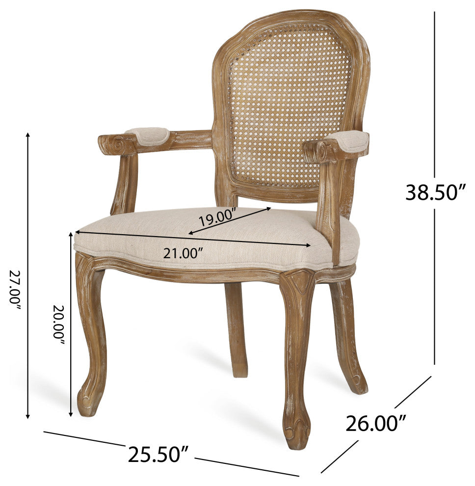 Ardyce French Country Fabric Upholstered Wood and Cane 5-Piece Dining Set, Natural/Beige