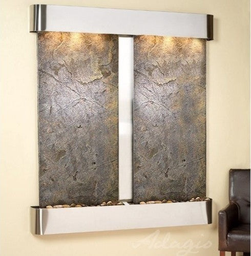 Cottonwood Falls Wall Fountain, Stainless Steel, Green Featherstone, Round Frame