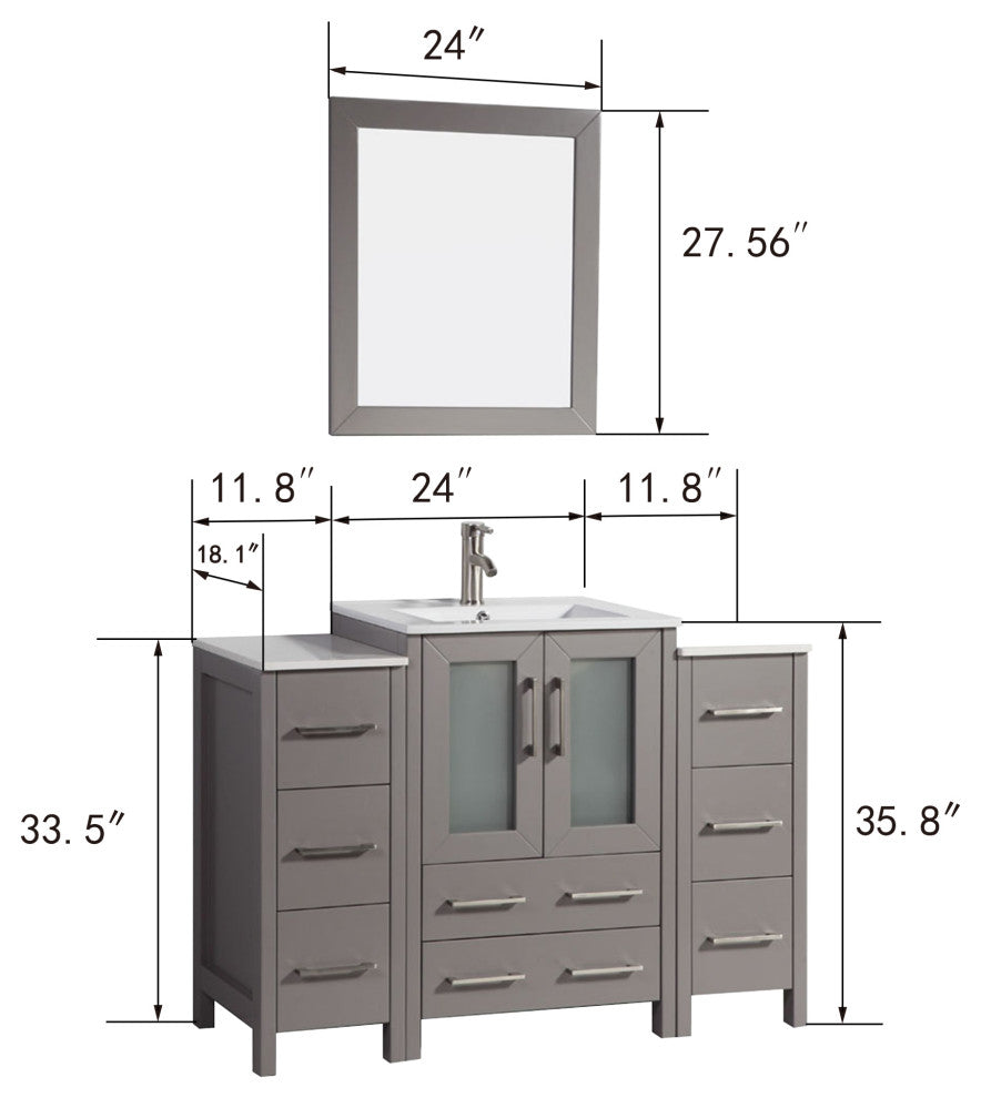 Vanity Art Vanity Set With Ceramic Top, 48", Gray, Led Touch-Switch Mirror