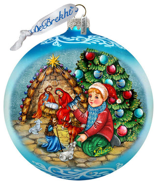 Nativity by the Christmas Tree Lg Glass Ornament, Blue
