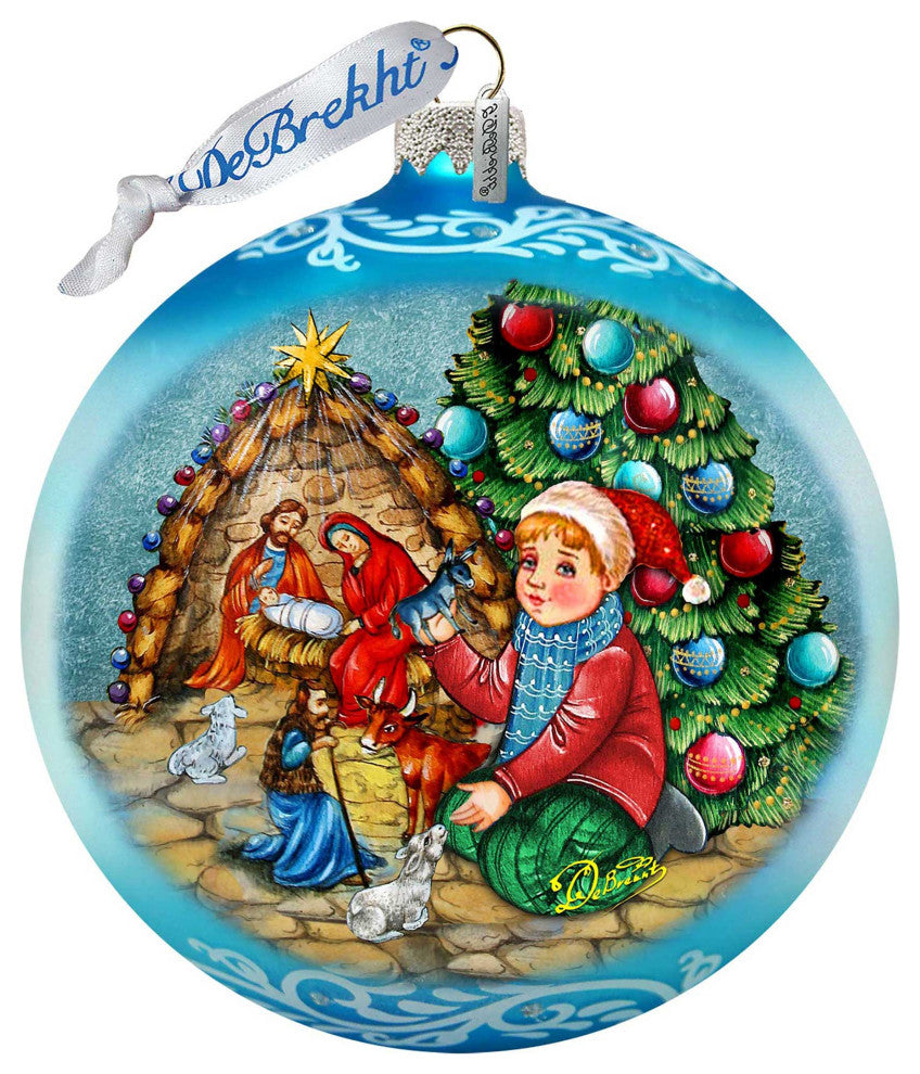Nativity by the Christmas Tree Lg Glass Ornament, Blue