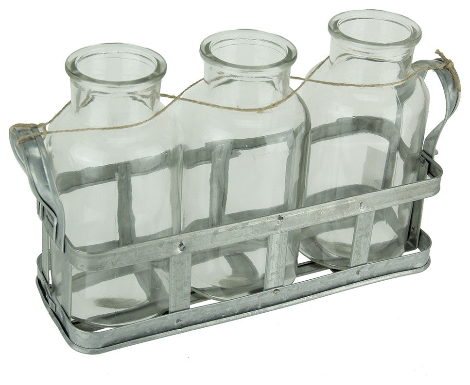 3 Clear Glass Milk Bottles, Rustic Metal Tray