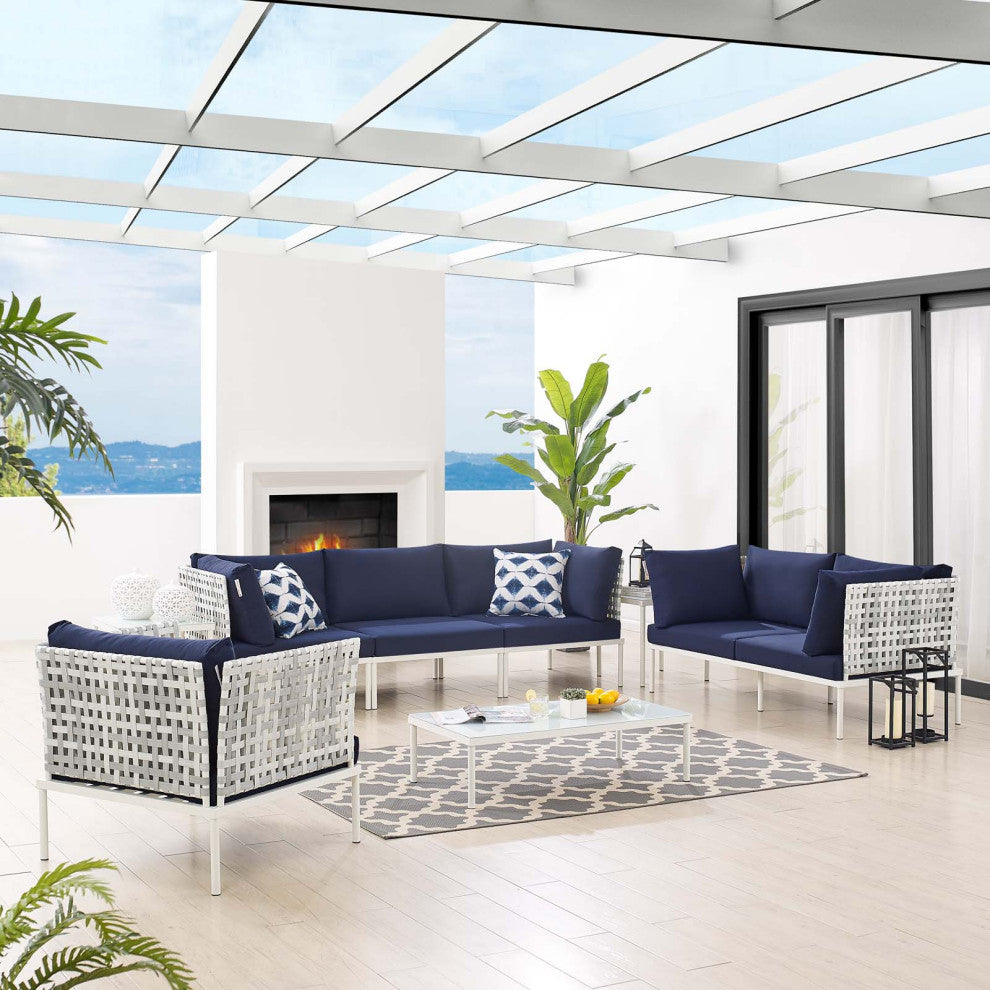Lounge Sectional Sofa Chair Table Set, Sunbrella, Aluminum, Blue Navy, Outdoor