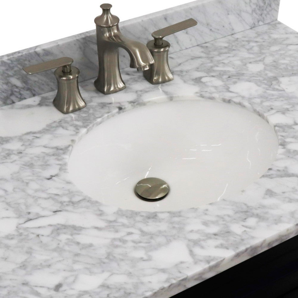 37" Single Sink Vanity, Blue Finish With White Carrara Marble