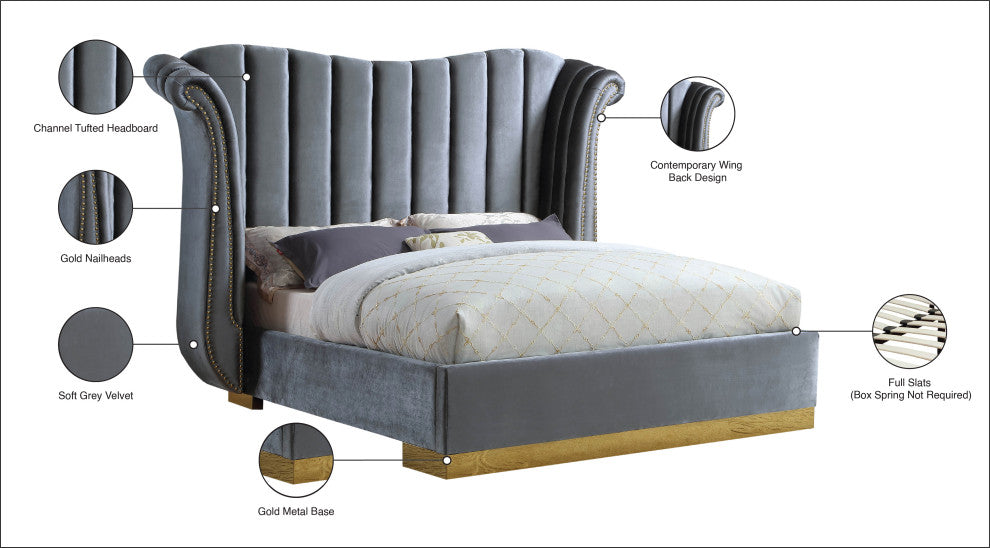 Flora Black Velvet Bed, Gray, King