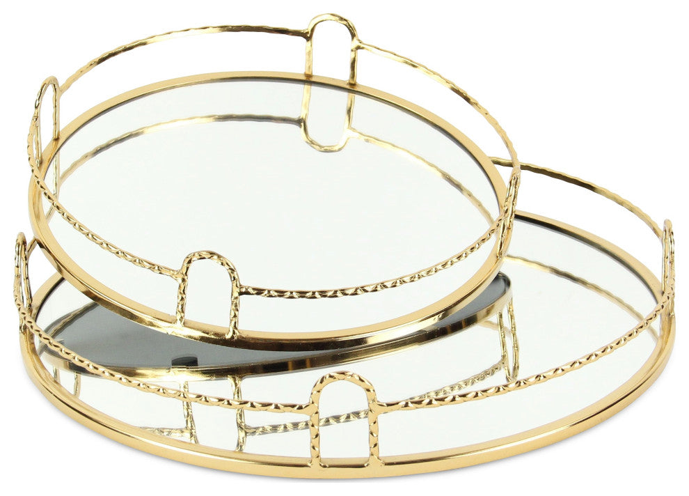 Mianzi Round Quilted Rim Gold Metal Trays (Set of 2)